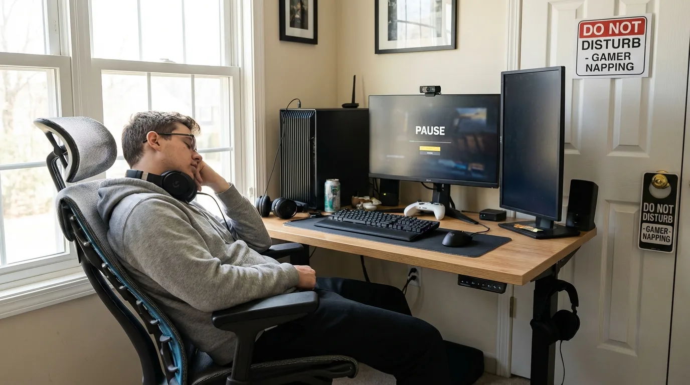 Gamer aproveitando um cochilo estratégico em sua cadeira ergonômica para recarregar as energias.