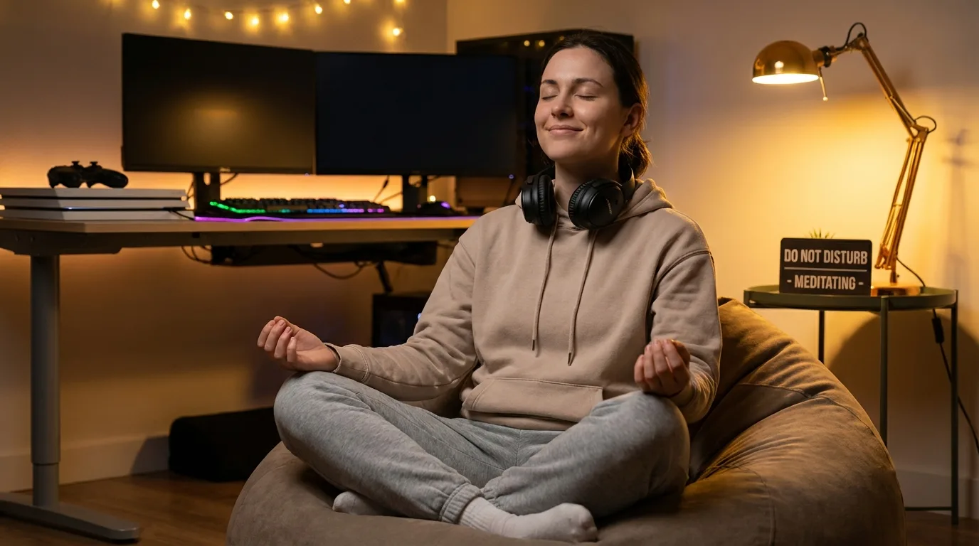 Gamer meditando para relaxar antes de um cochilo reparador.