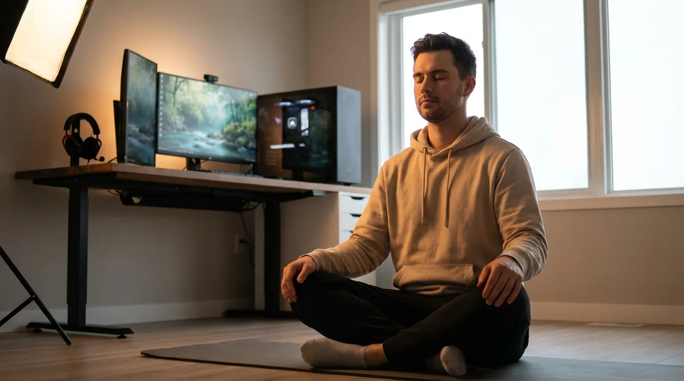 Gamer praticando mindfulness antes de uma partida para aumentar o foco e reduzir a ansiedade.