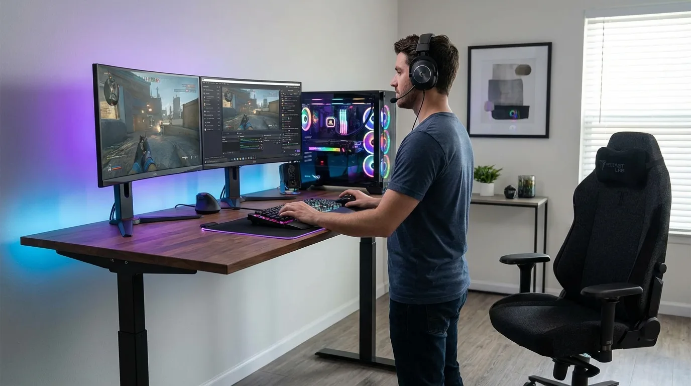 Gamer utilizando mesa ajustável com setup ergonômico, iluminação RGB e dois monitores: o combo perfeito para saúde e performance.